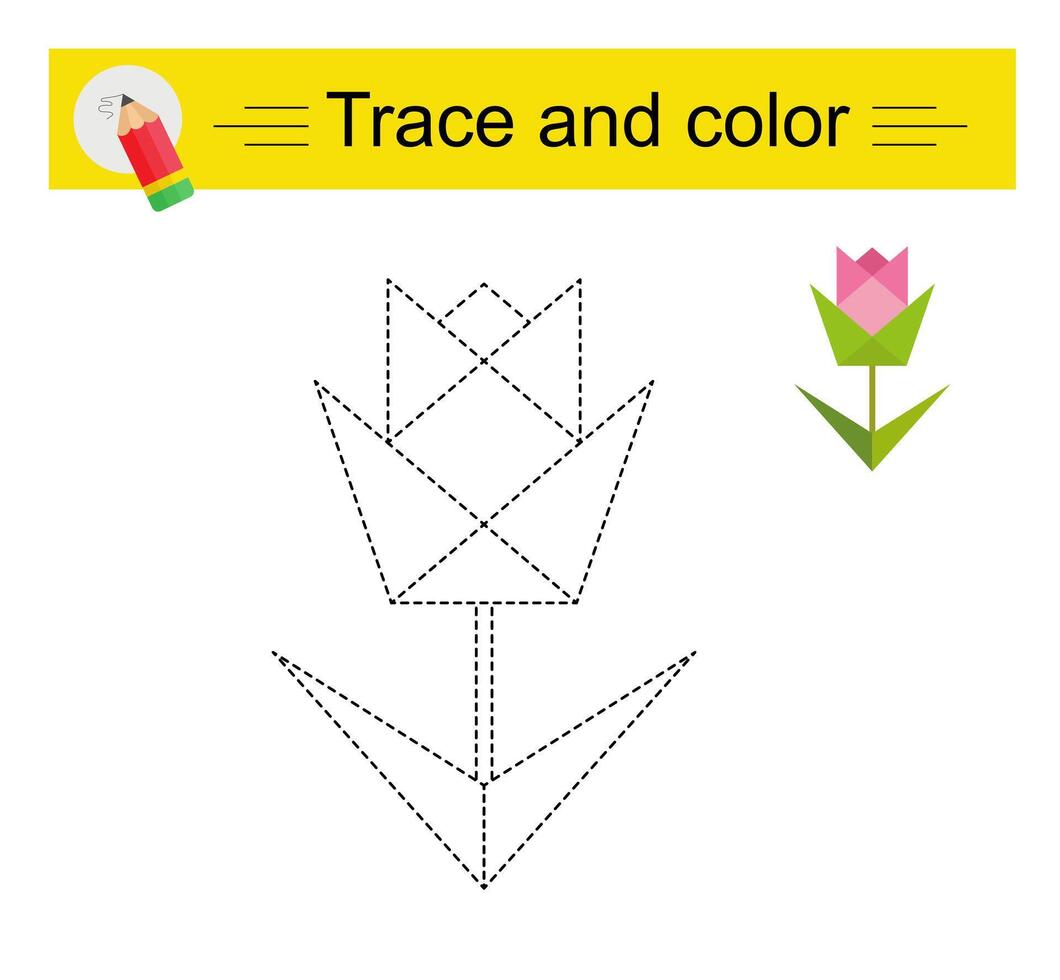 Trace and color for children. Preschool worksheet for practicing fine motor skills. Cartoon pink flower. vector