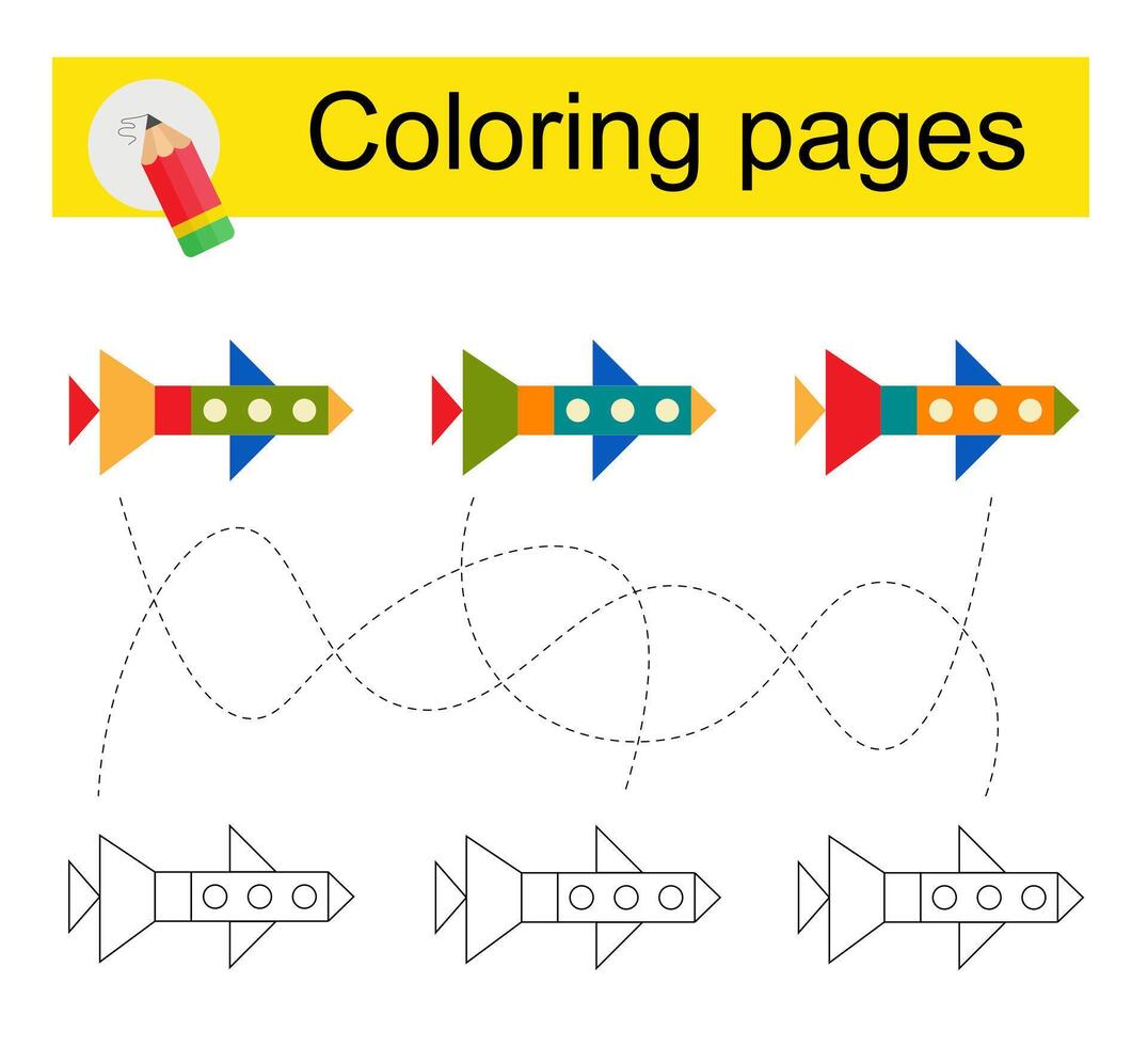 Educational game for kids. Go through the maze and color a cartoon airplane according to the pattern. vector