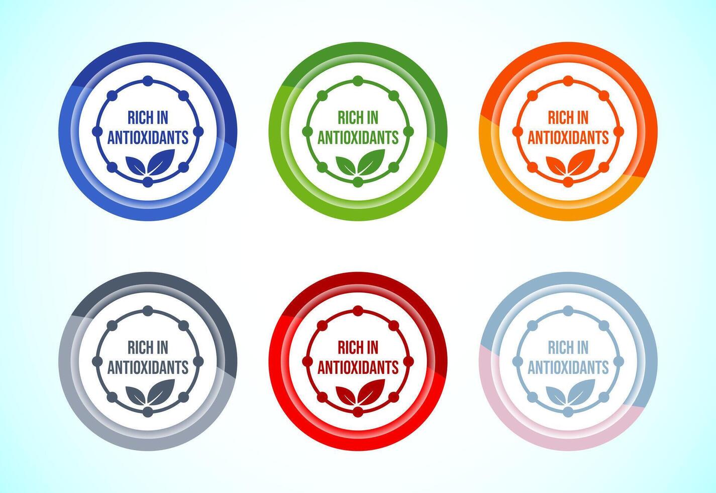 Rich in antioxidants icon design. Antioxidant rich food label sign, 6 color button design set vector