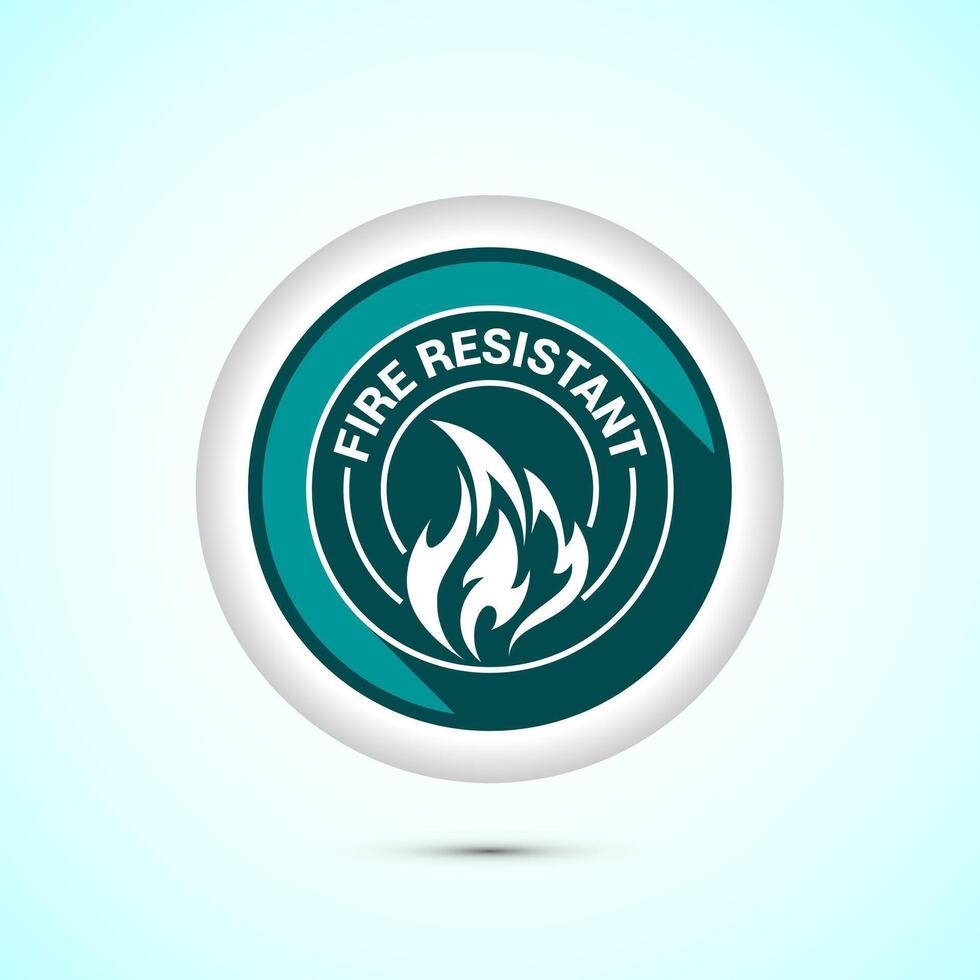 Fire resistant icon design illustration, Fire flame protection sign symbol, Teal color shadow button design vector