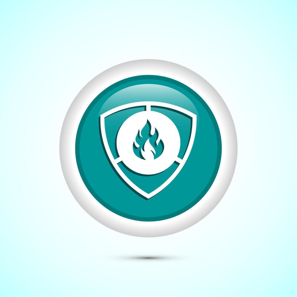 Fire resistant icon design illustration, Fire flame protection sign symbol, Teal color round button design vector