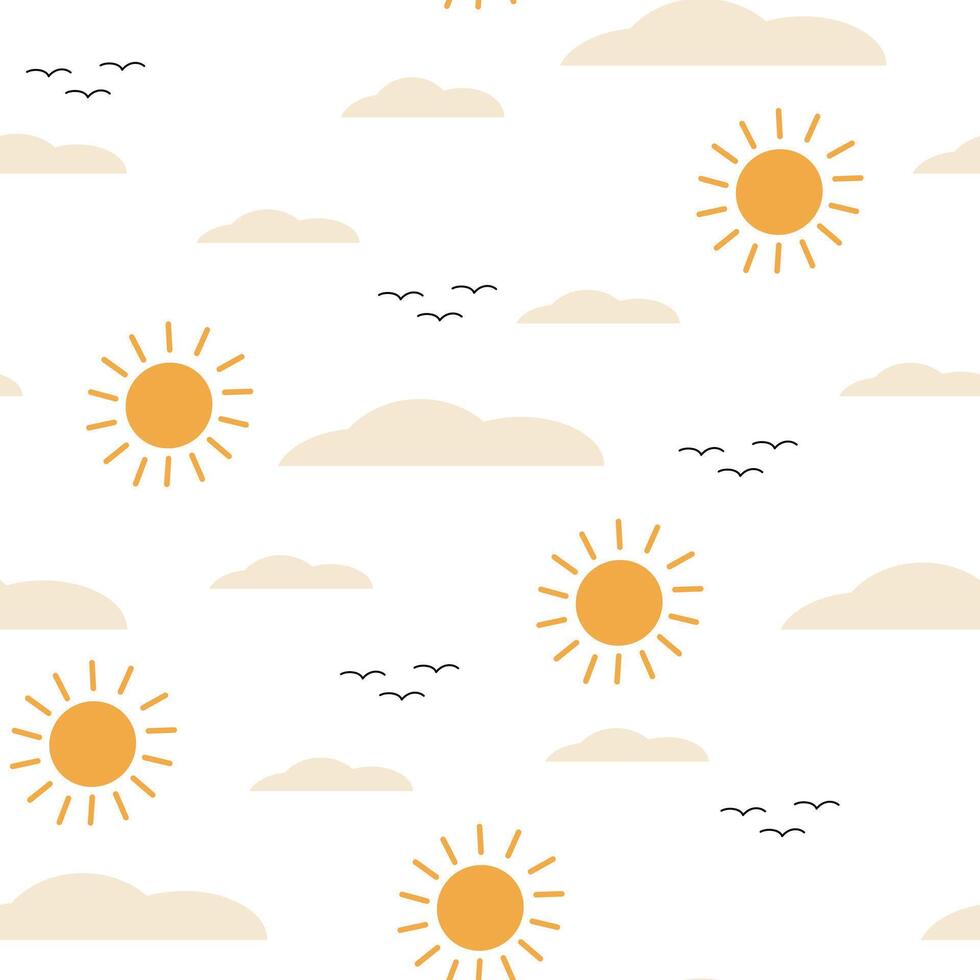 Sunny Sky Pattern with Clouds and Birds vector