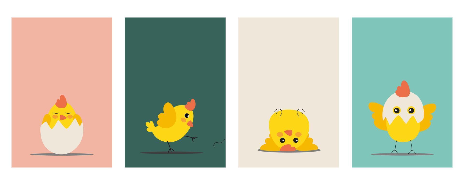 A set of adorable Easter greeting cards featuring a cute chick with festive text. Perfect for Easter celebrations, holiday wishes, and springtime joy. Bright, cheerful, and full of seasonal charm. vector