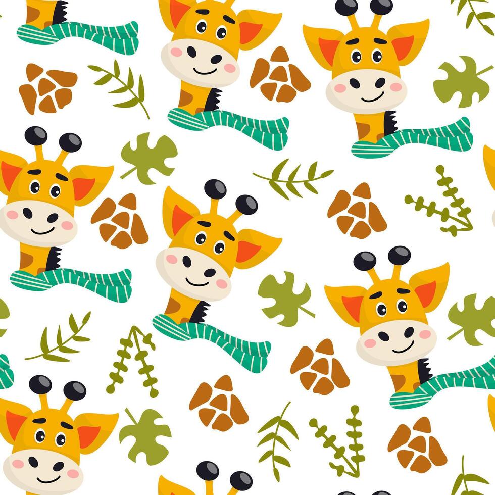 Cartoon Giraffe Pattern with Scarves and Leaves vector