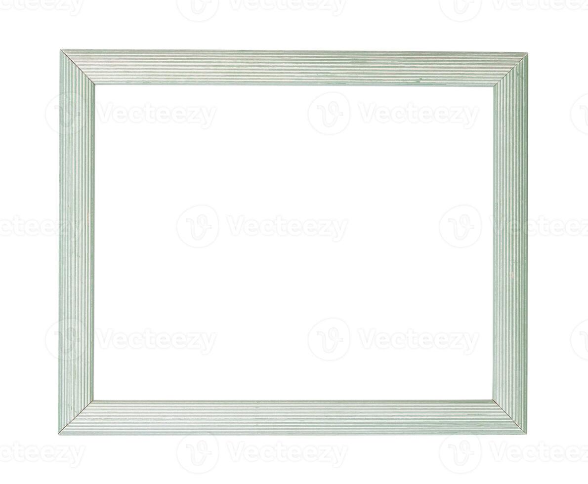 Weathered vintage light green wooden frame with striped texture placed on clean white background with plenty of free space for creative design photo