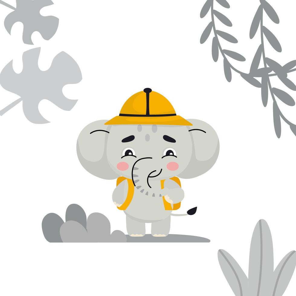 Cartoon Elephant with Safari Hat and Jungle Leaves vector