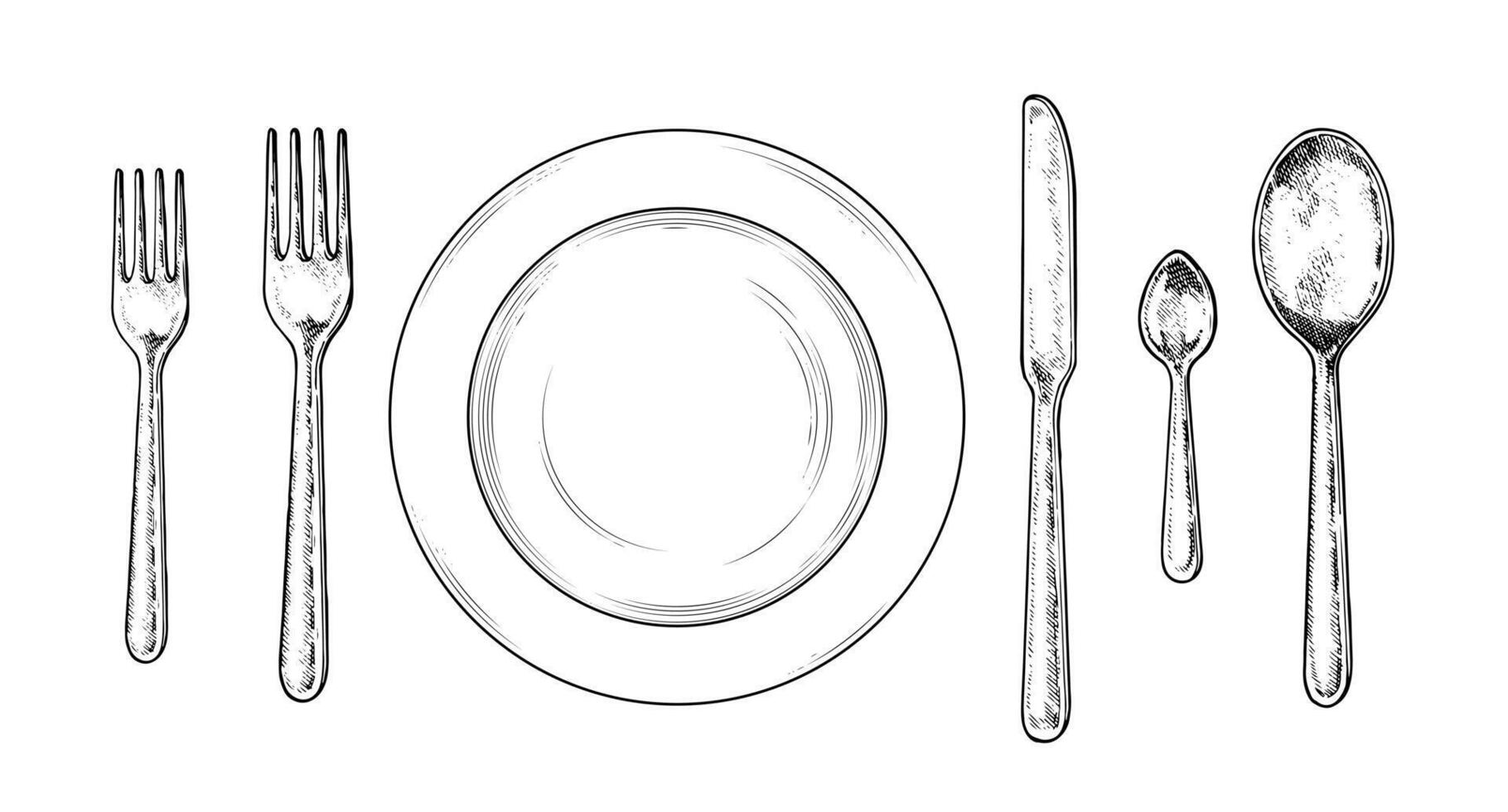 Elegant hand drawn illustration of a wedding table setting in black and white. Top view sketch featuring plate, silverware. Perfect for menus, event planning, and restaurant designs vector