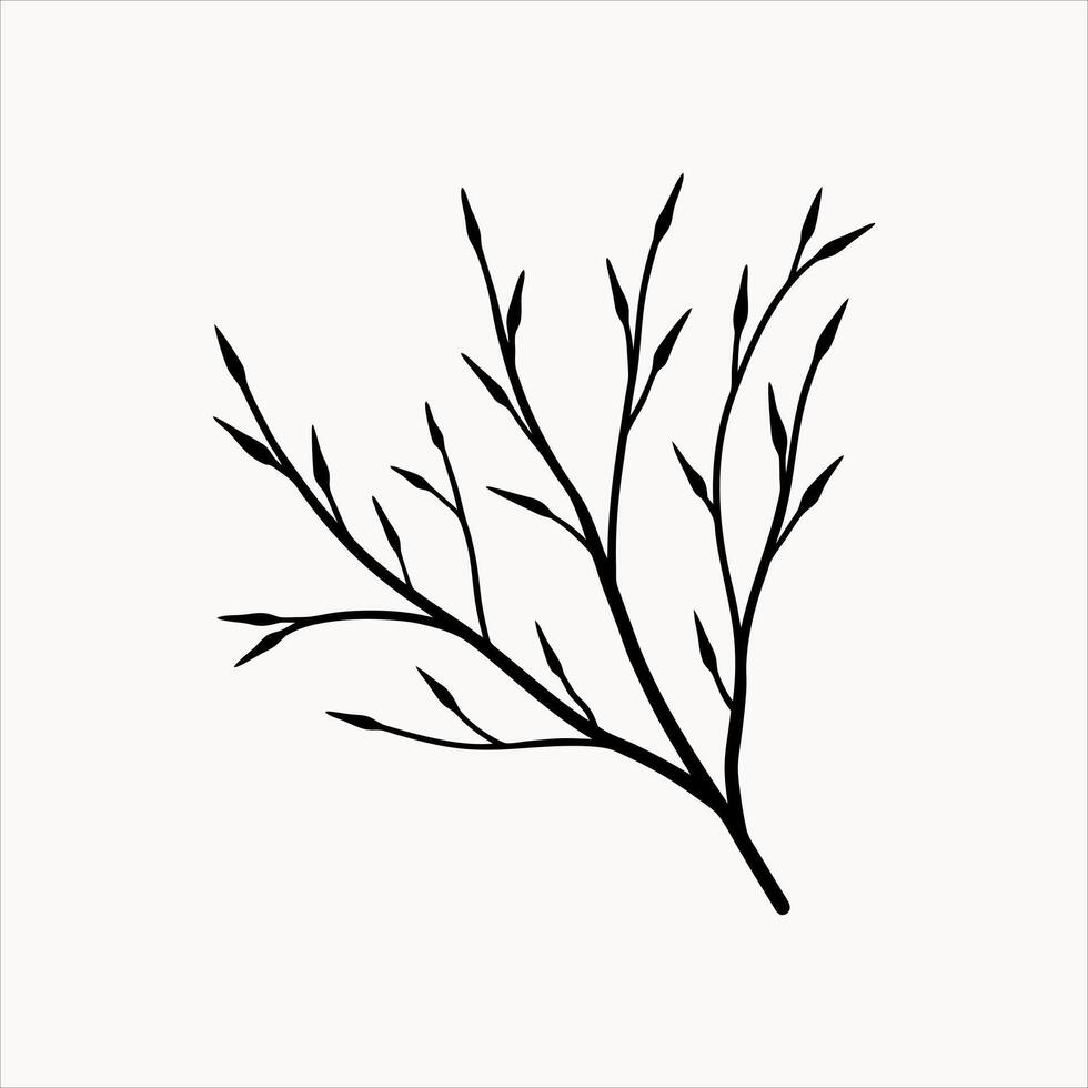 Black and white branch illustration with plant silhouettes and nature elements vector