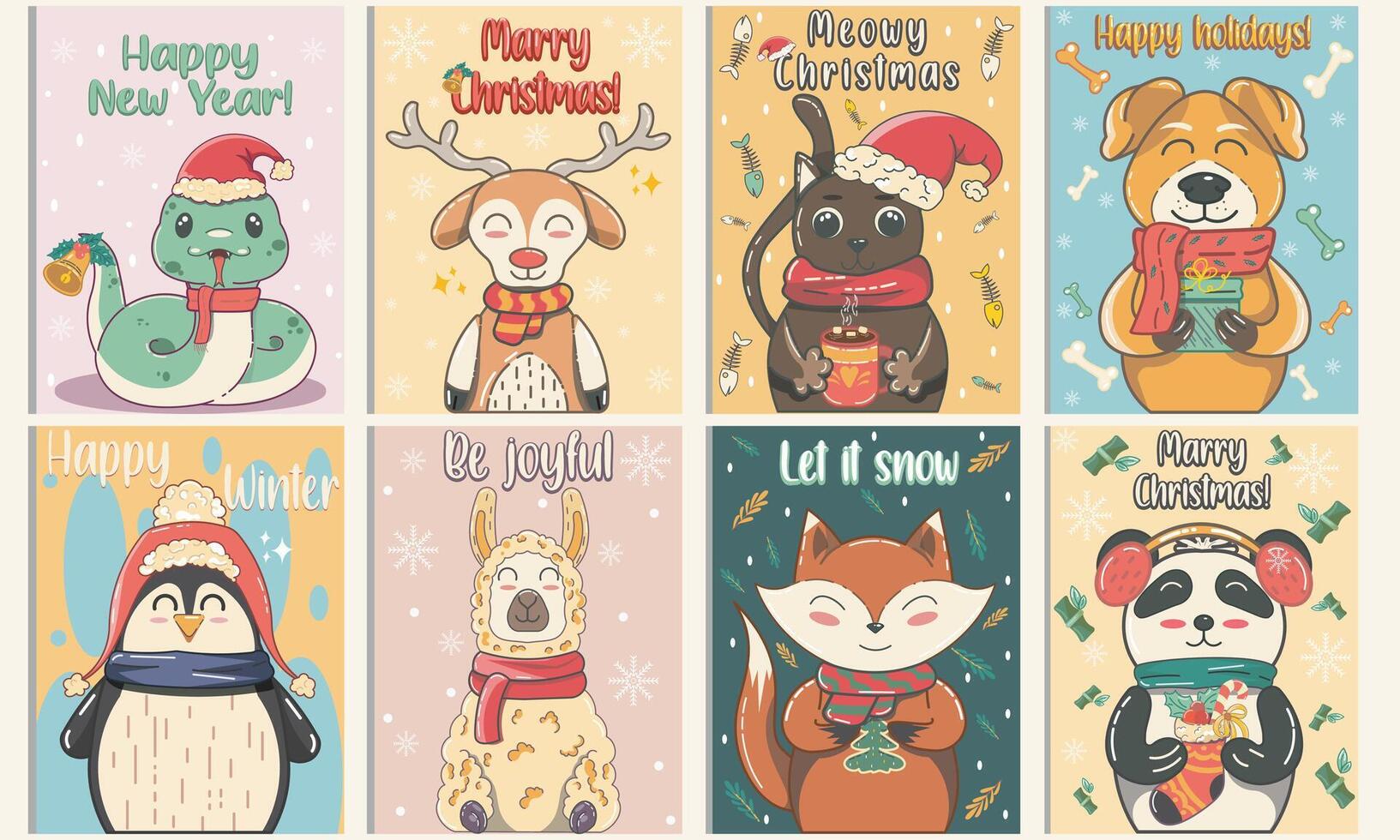 Christmas animals posters in cartoon style. new year, snake, deer, cat, dog, penguin, alpaca, fox, pand. Holiday seasonal postcards in retro groovy style. Picture for wall and for printing vector