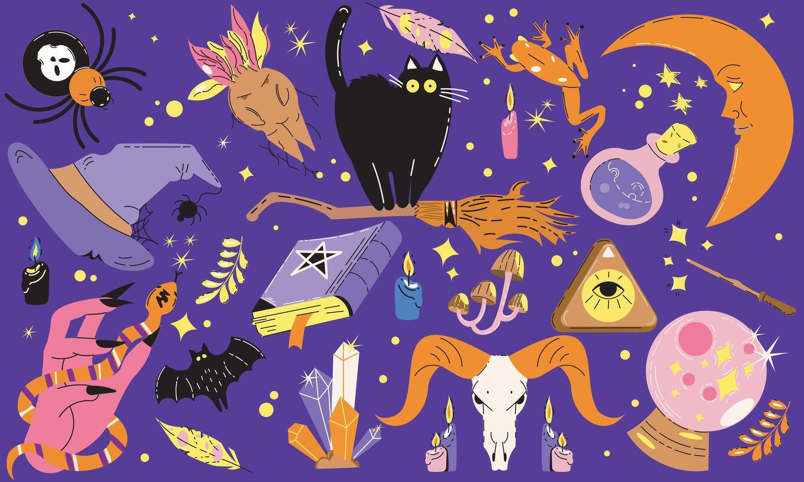 Witchcraft cartoon halloween stickers magic. Scary collection with witch, ritual, spider, book, snake, frog, broomstick, bat, potion. Scary patches set vector