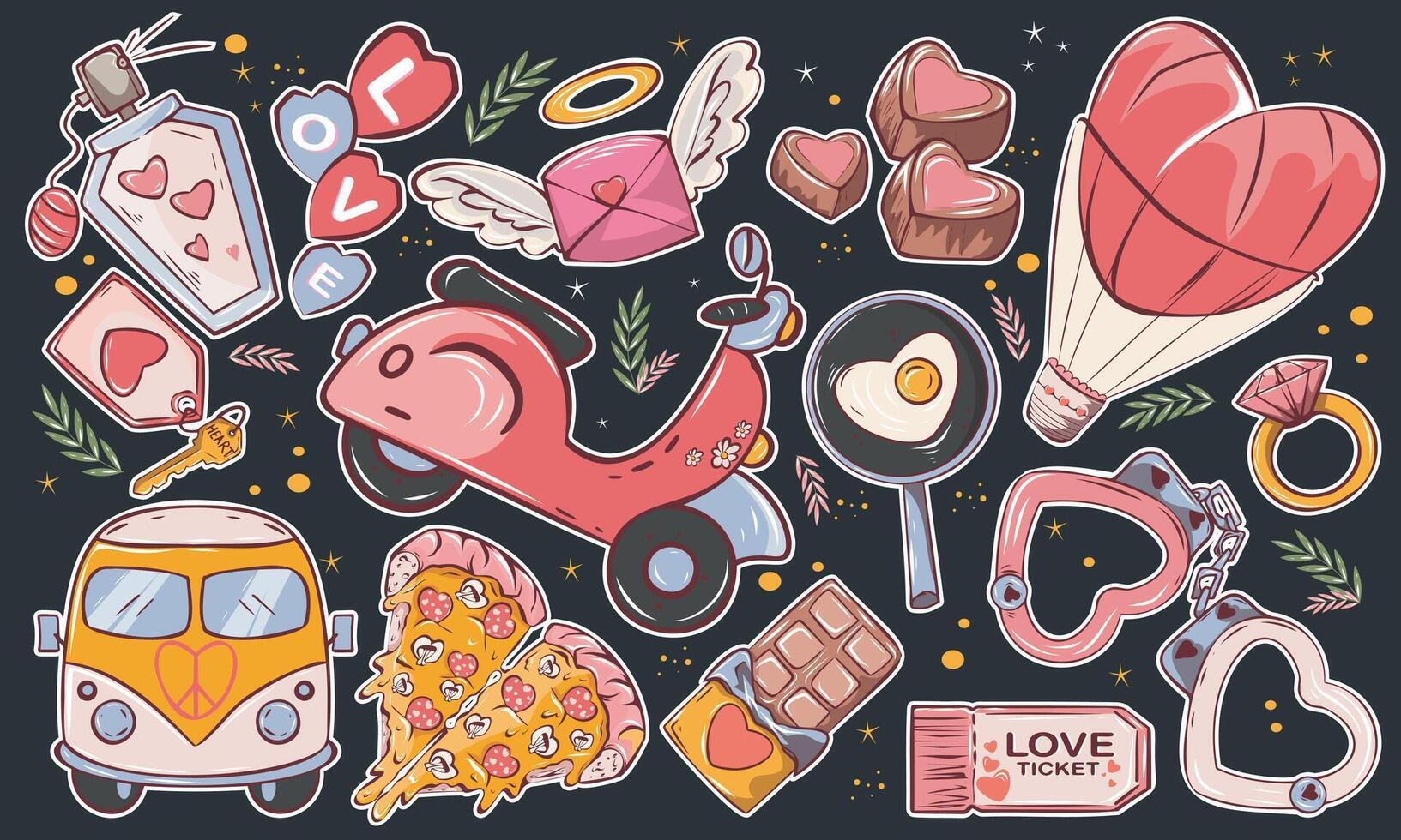 Cartoon stickers for St. Valentine's Day on February 14 in retro 90s style. Romantic elements, love envelope, hearts, love, gifts vector