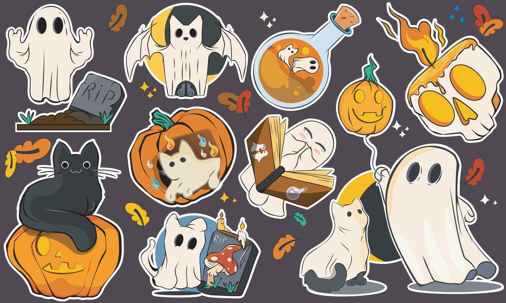 Cartoon halloween stickers magic and witchcraft. Scary collection with ghosts, skull, zombie, grave, pumpkin, cat, potion. Scary patches set vector