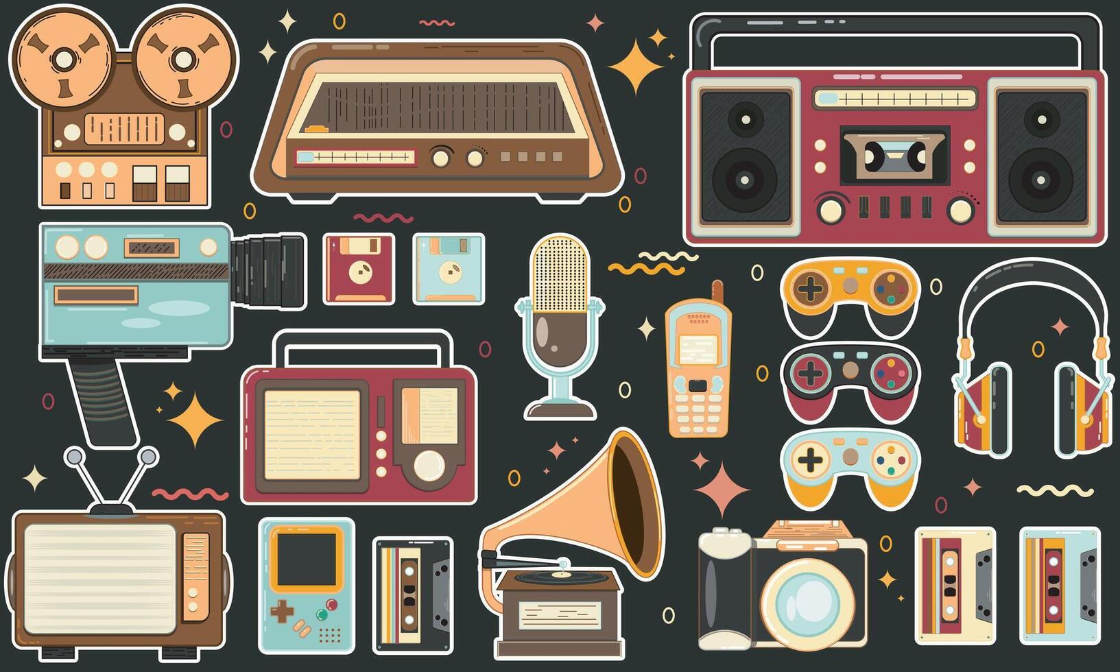 Set of retro elements, stickers with gadgets in 90s style. Old electronics, mobile phones, record player, cassette, vinyl, devices vector