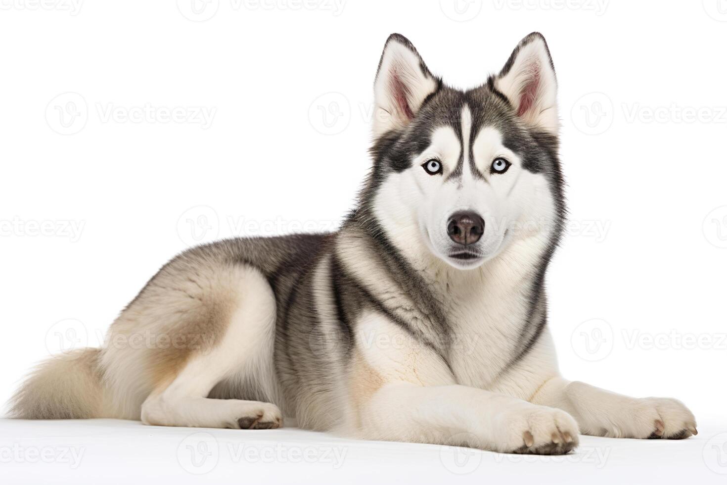 A husky dog is sitting down on a white background photo