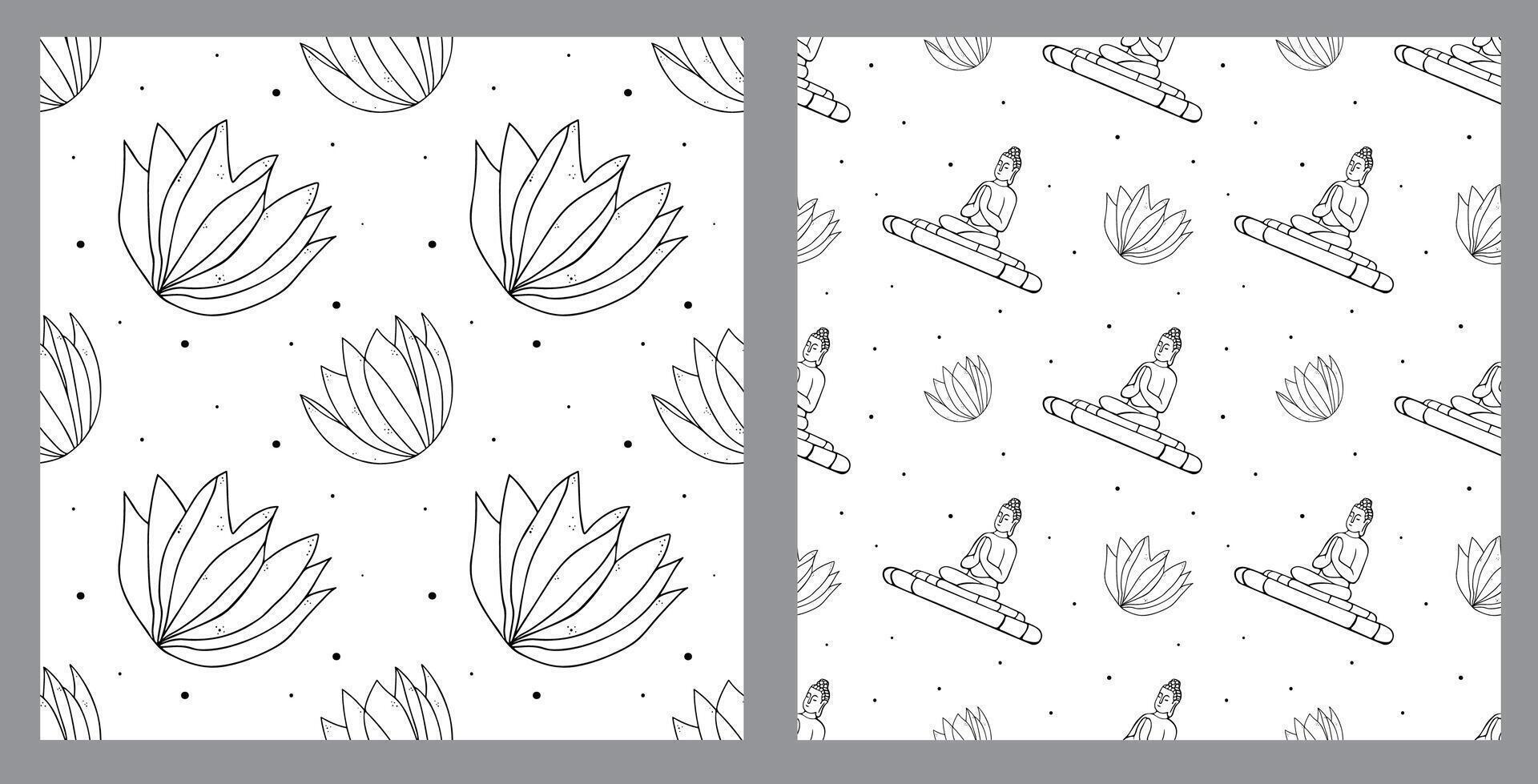 Set of seamless patterns in linear style Buddha statue, lotuses on white background. Stylish minimalistic ornaments for religious print, fabric and textile, for backdrops and wallpapers. vector