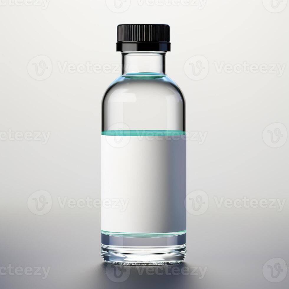 A glass bottle with a white label on it photo