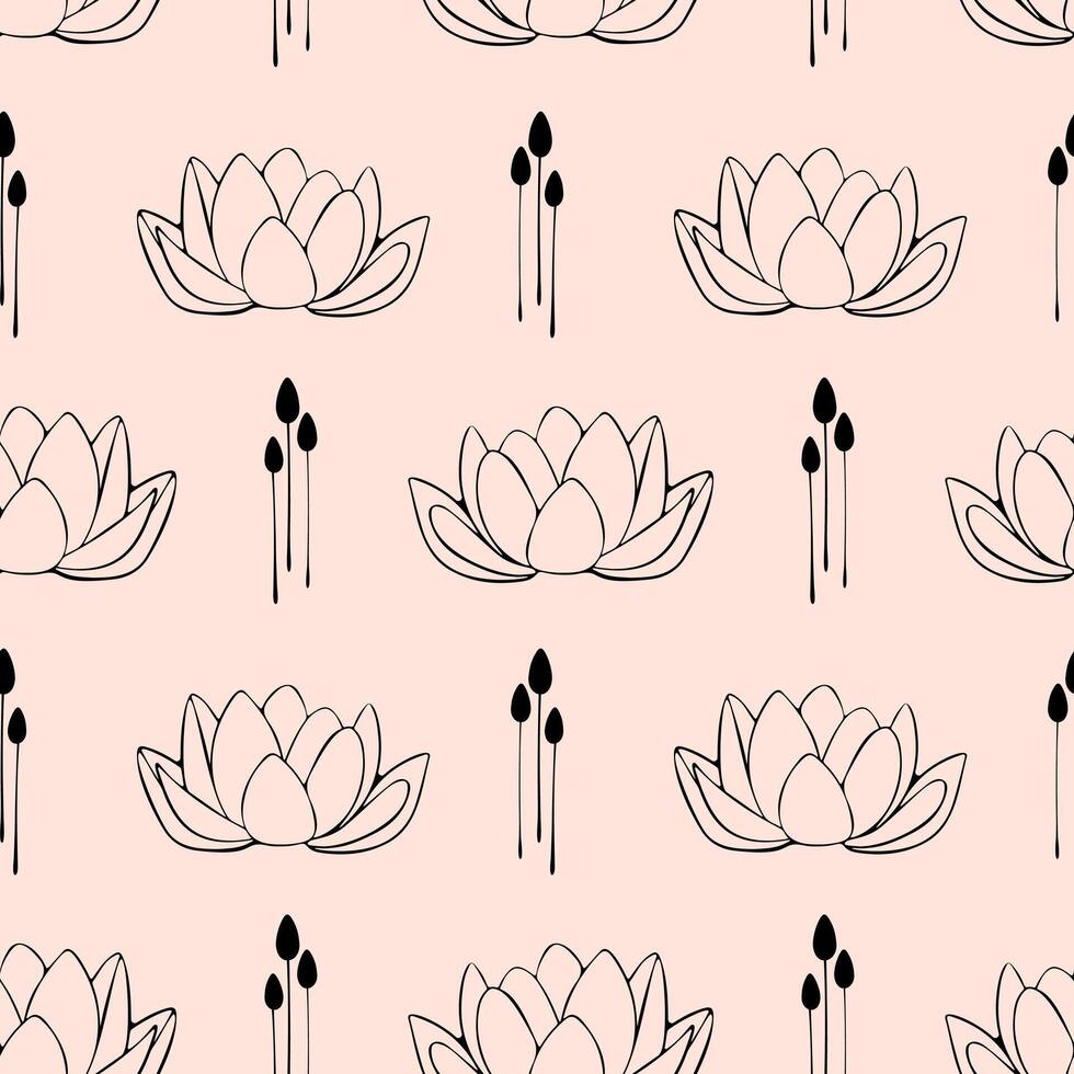 Seamless pattern in linear style lotus flowers on pink background. Stylish minimalistic ornament for religious print, fabric and textile, for backdrops and wallpapers, summer beautiful wrapping. vector