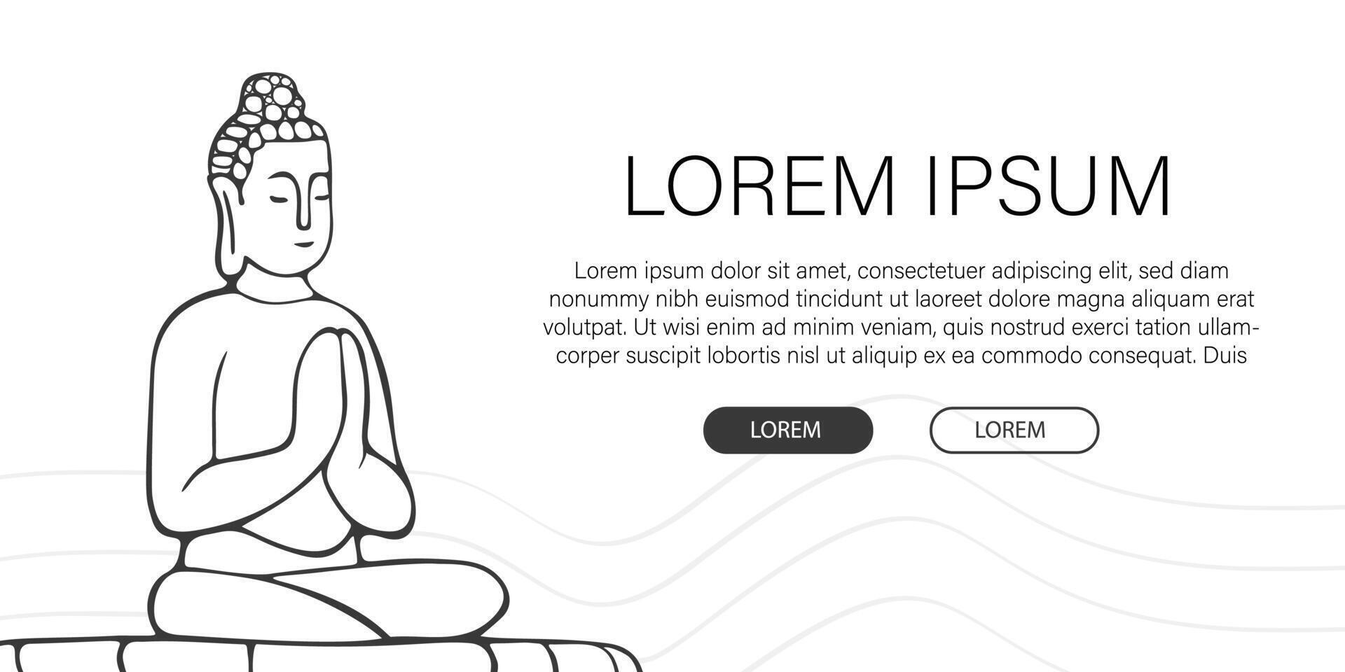 Asian Buddha in lotus position meditating in linear style on white background. Template, web banner for Buddha's birthday, Vesak holiday. Minimalistic poster relax spa advertising copyspace vector