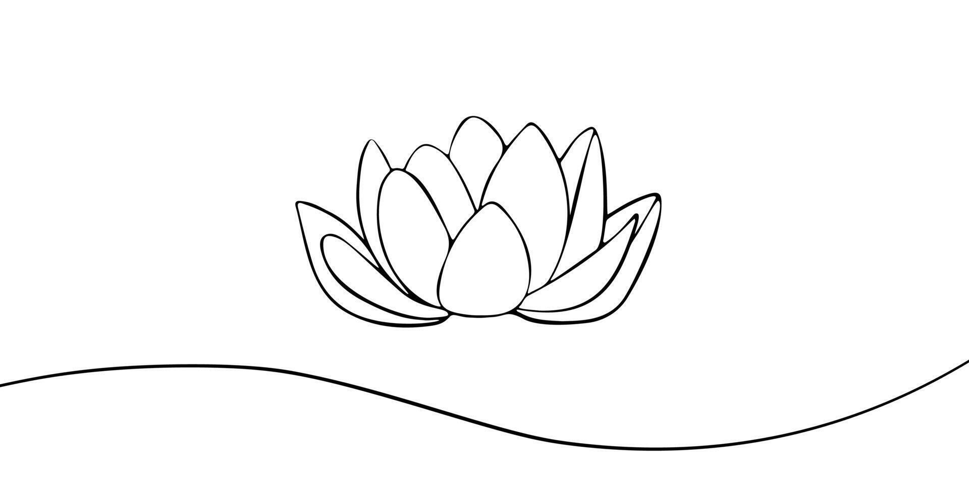 Lotus flower symbol in linear style on white background. Design template banner for spa, massage, meditation and healthy lifestyle advertising. Logo for business card, backdrop and wallpaper. vector