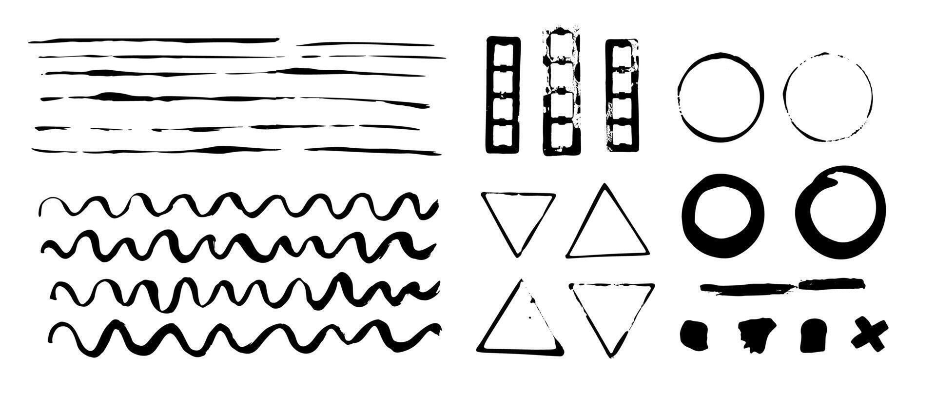 Ink black lines, strokes, circles and triangles vector
