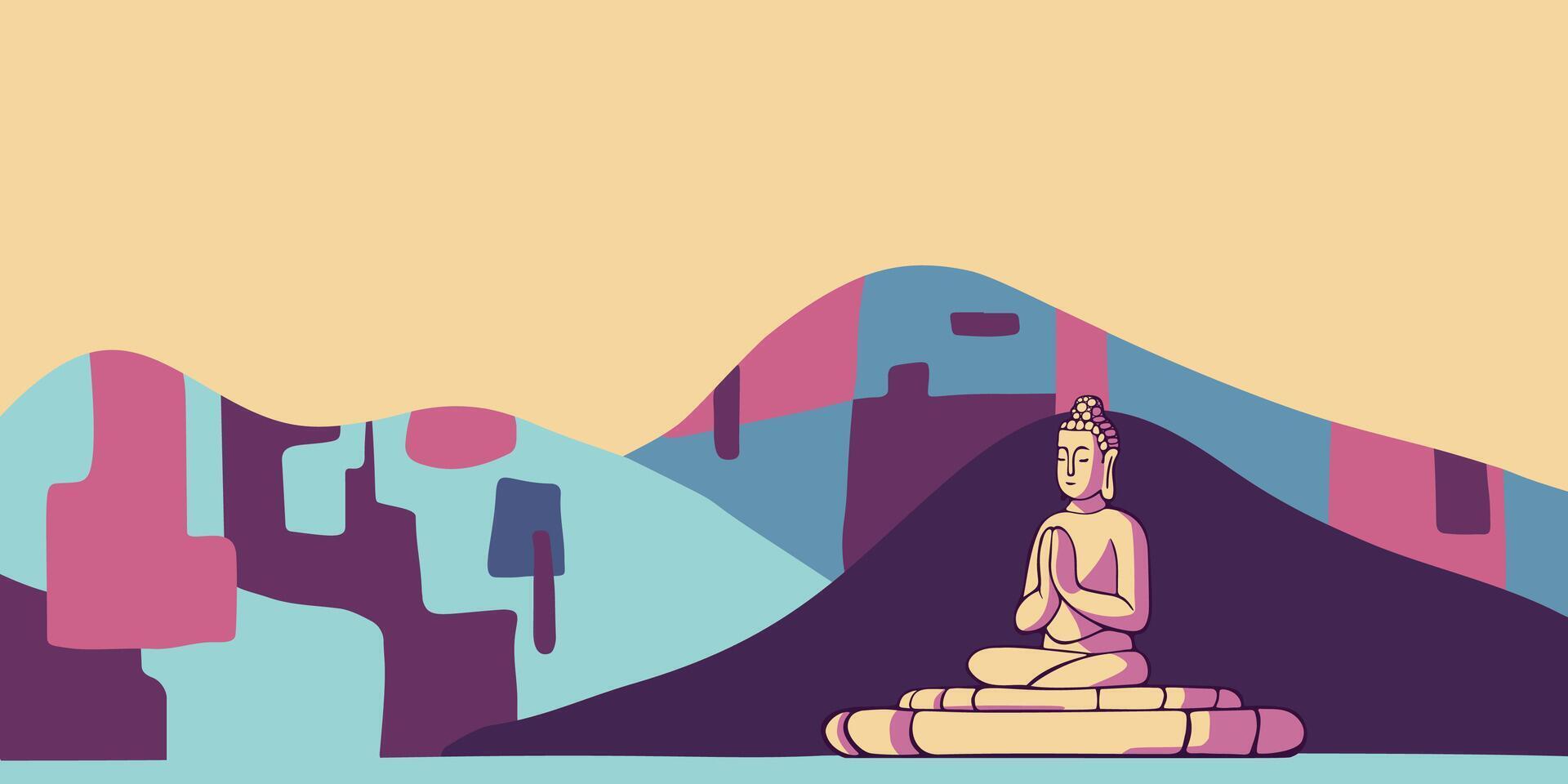 Asian Buddha in lotus position meditates on the background of mountains. Congratulatory, colored banner for Buddha's birthday, Vesak holiday. Zen spa stylish minimalistic poster with copyspace vector