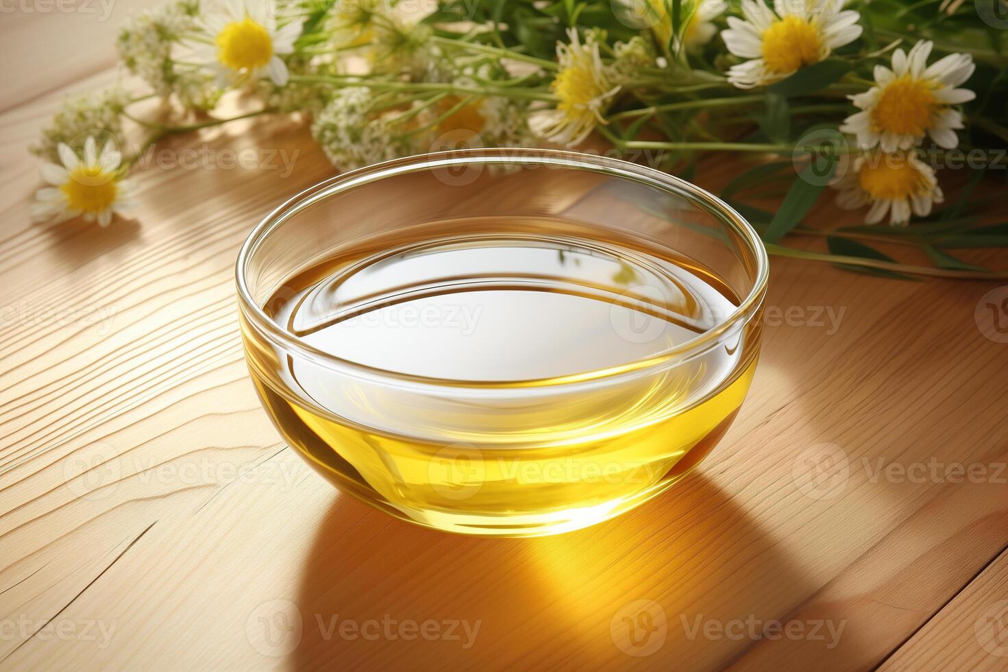 Chamomile oil in a glass bowl on a wooden table photo