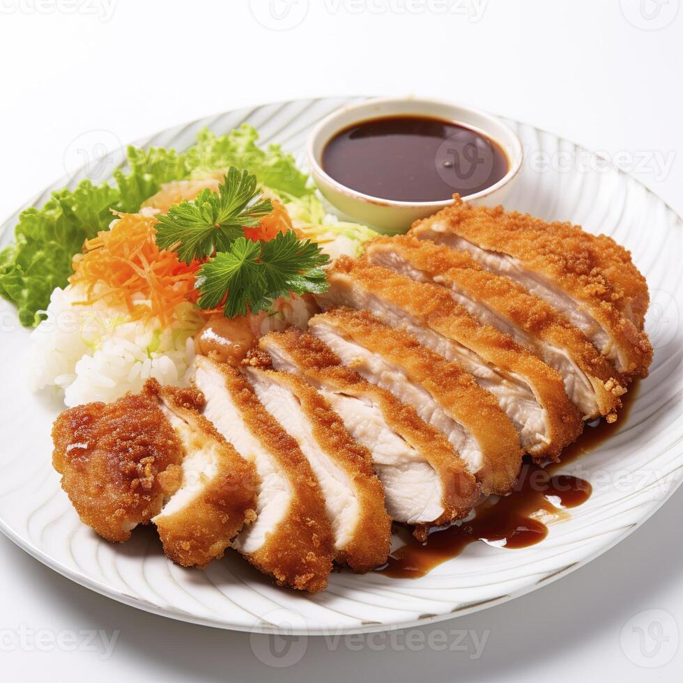 A plate of food with chicken, rice and vegetables photo