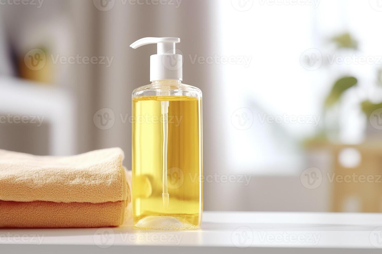 A bottle of oil and a towel on a table photo
