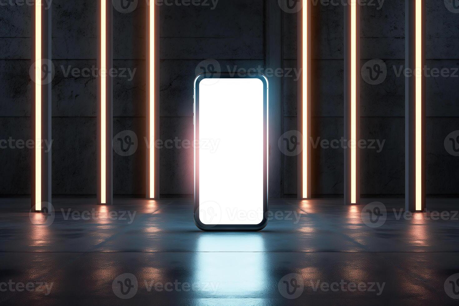 An empty room with neon lights and a phone screen photo