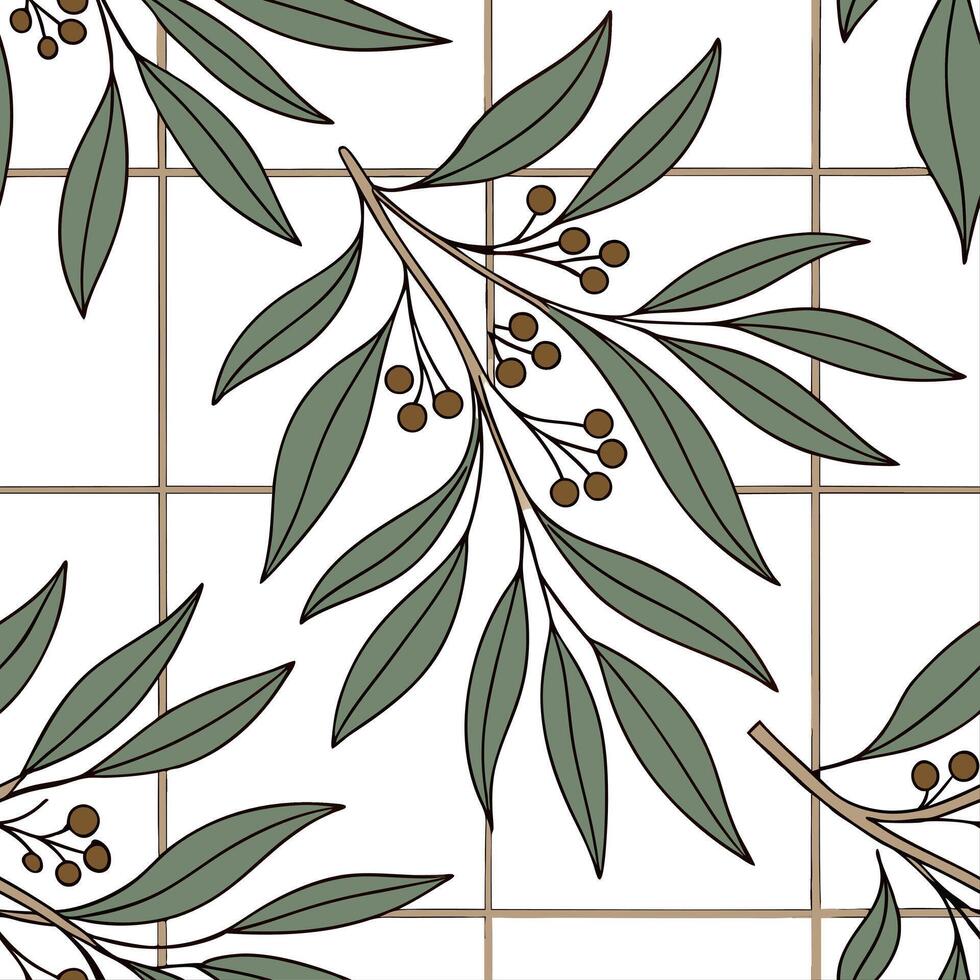 Rustic eucalyptus seamless tiles pattern with dried eucalyptus motifs and earthy green tones ideal for country style kitchens Set 2 vector