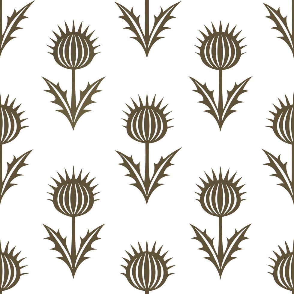 Rustic botanical illustration seamless tiles pattern with hand drawn thistles and wild herbs in muted earth tones for farmhouse decor vector