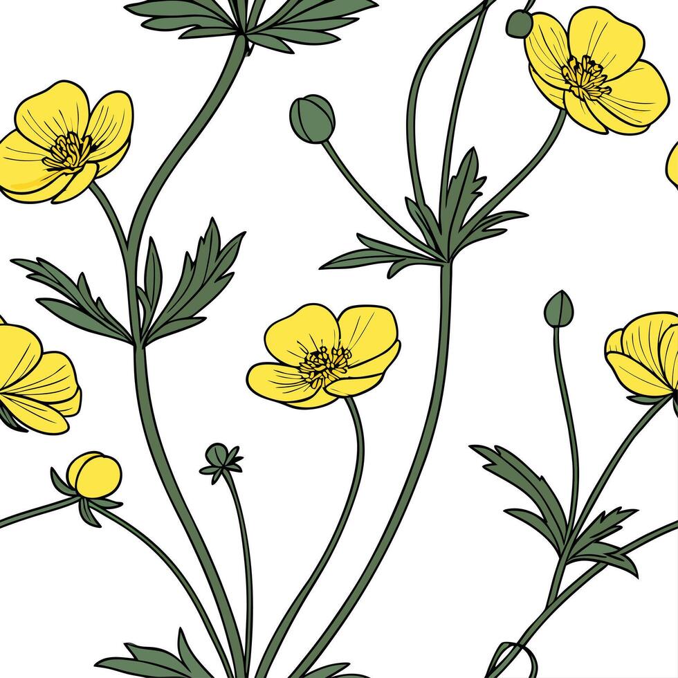 Minimalist monochrome buttercup seamless pattern with simple lines on white background Set 2 vector