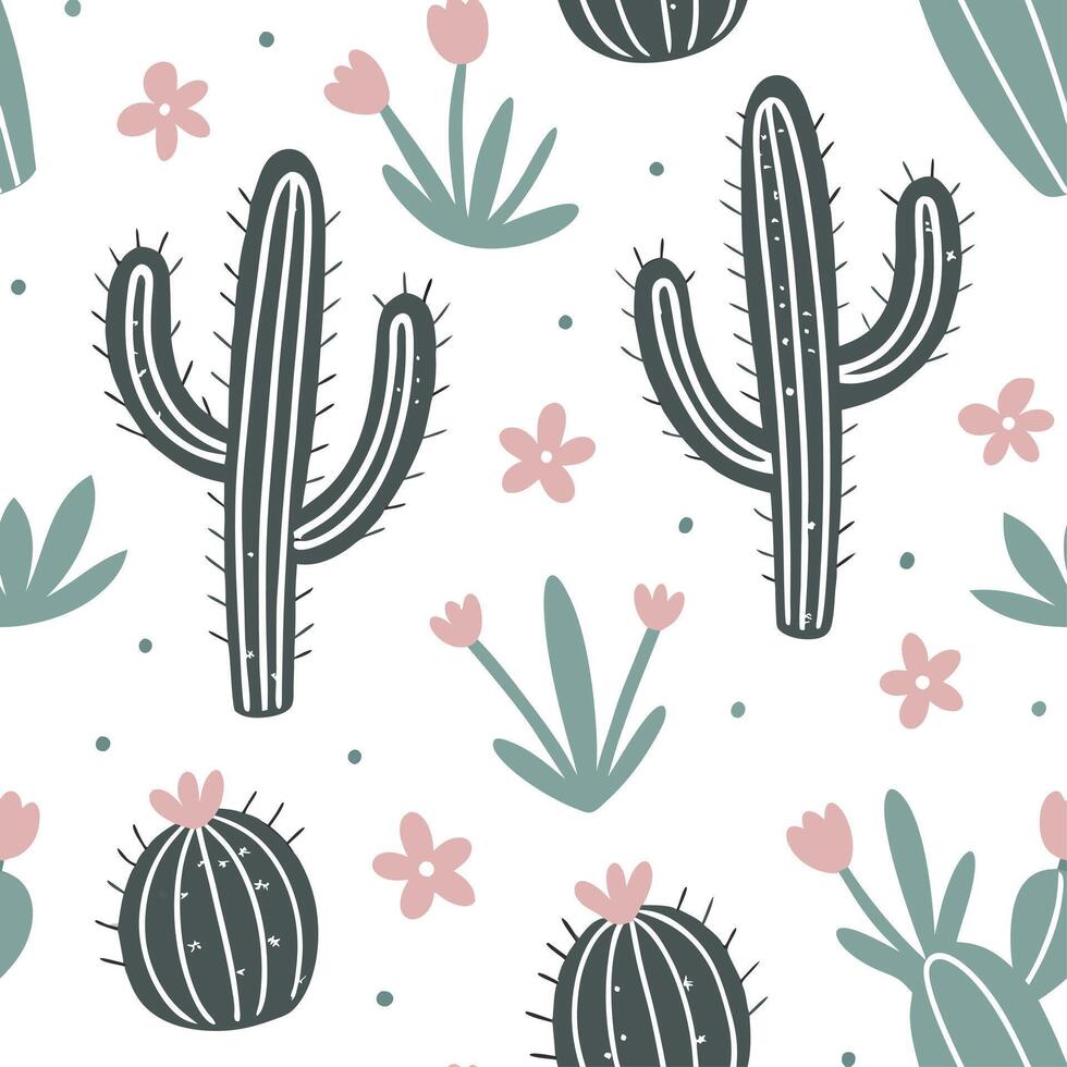 Farmhouse cactus seamless tiles pattern with vintage cactus and warm brown accents on white background ideal for cozy kitchens Set 2 vector