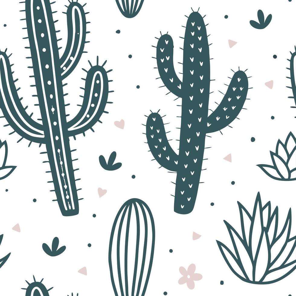 Farmhouse cactus seamless tiles pattern with vintage cactus and warm brown accents on white background ideal for cozy kitchens Set 5 vector