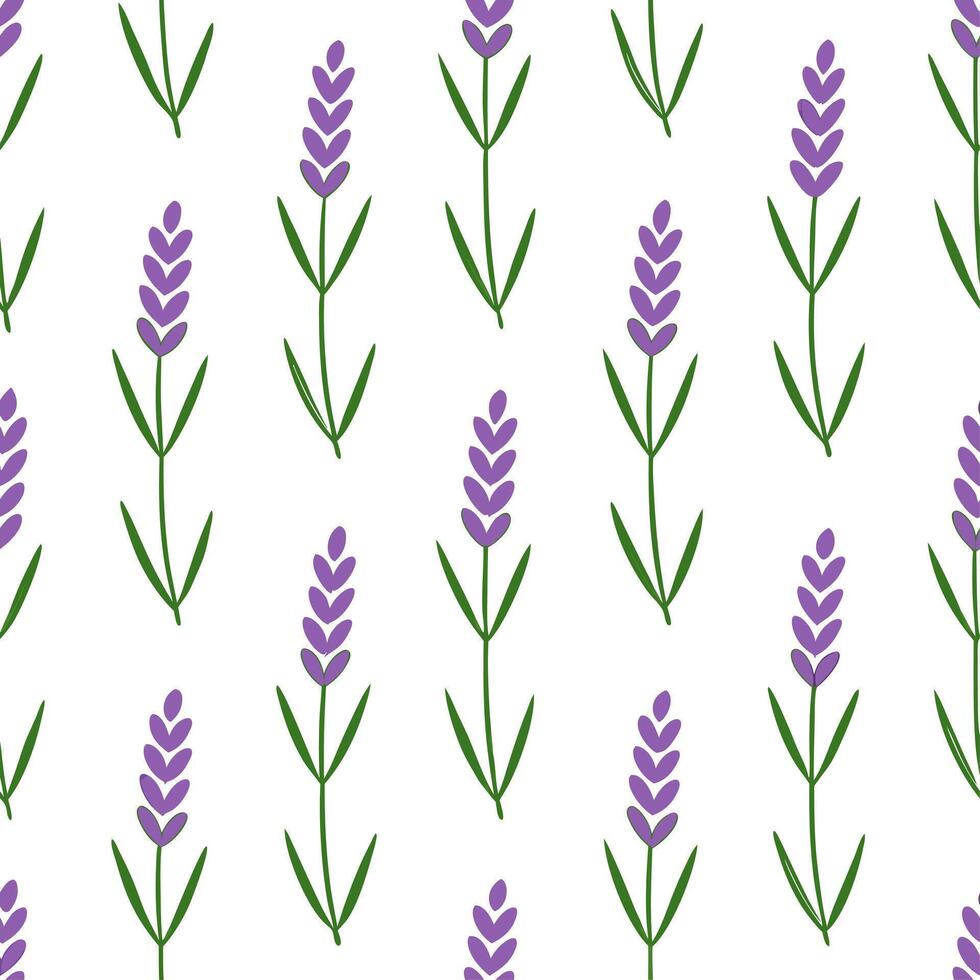 Elegant lavender seamless tiles pattern with delicate blooms and green stems on white background ideal for luxurious bathrooms concept as Delicate lavender blooms and green stems on flat Set 2 vector