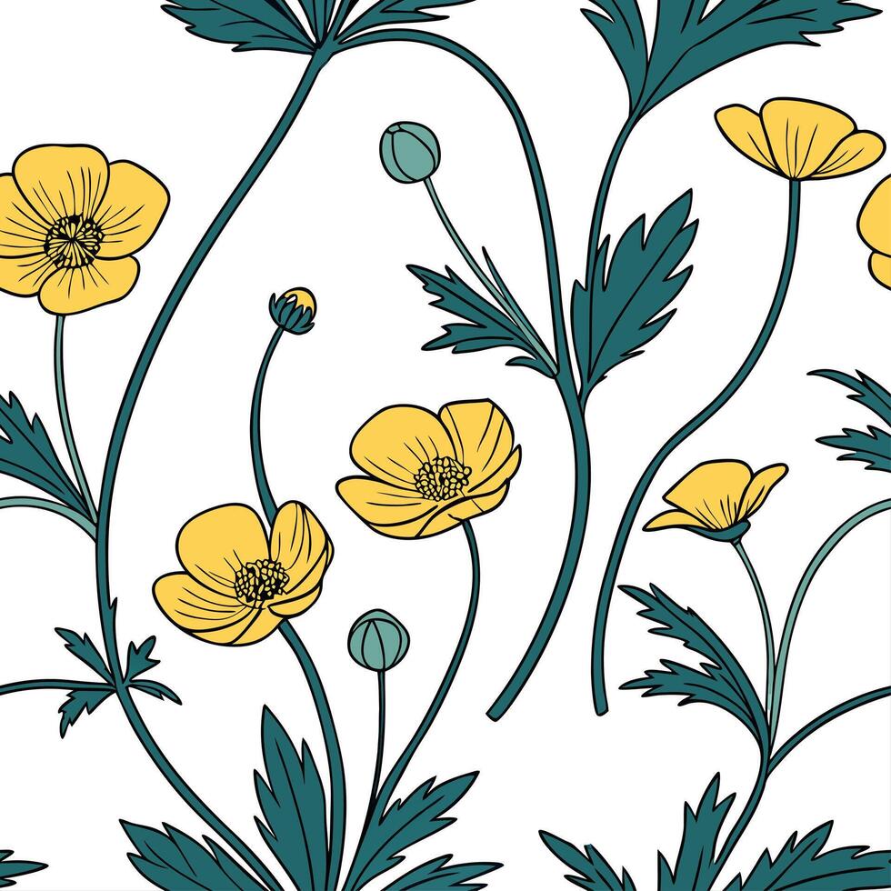 Contemporary abstract buttercup seamless pattern with bold colors and asymmetrical layout on white Set 2 vector