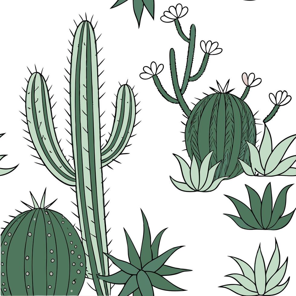 Coastal cactus seamless tiles pattern with airy cactus and light blue accents on white background ideal for beach inspired rooms Set 6 vector