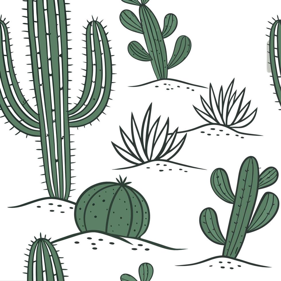 Coastal cactus seamless tiles pattern with airy cactus and light blue accents on white background ideal for beach inspired rooms Set 2 vector