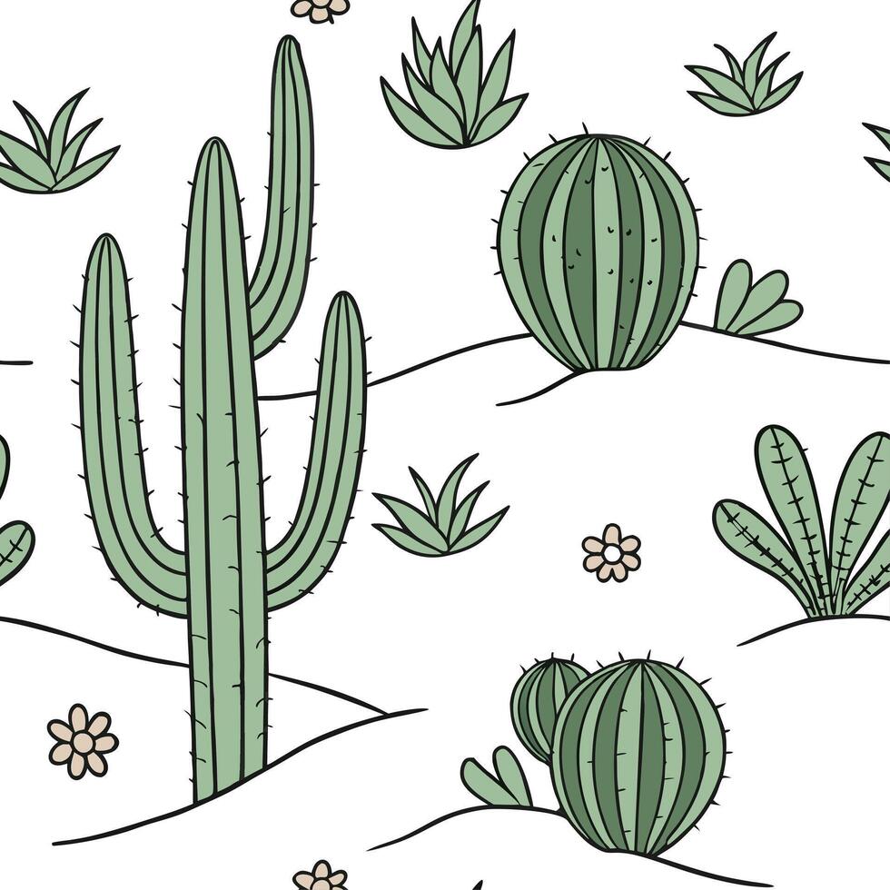Coastal cactus seamless tiles pattern with airy cactus and light blue accents on white background ideal for beach inspired rooms Set 3 vector