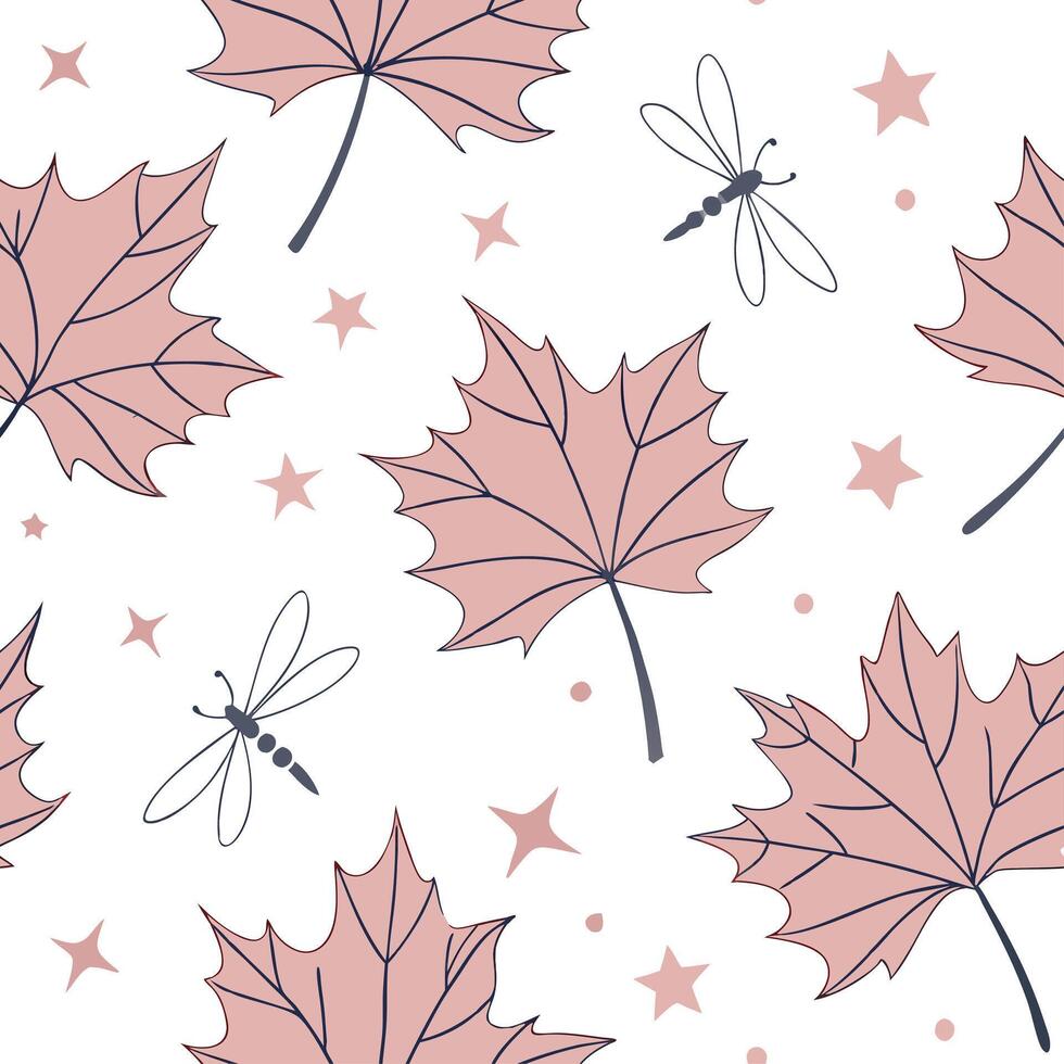 Classic embroidered maple leaves seamless pattern with textured details on white Set 3 vector