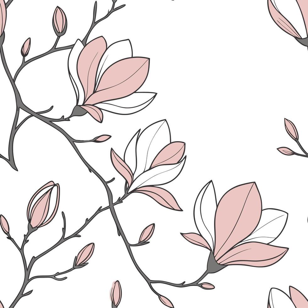 Botanical garden magnolia seamless tiles pattern with various magnolia species in natural pinks on white background perfect for serene spaces Set 7 vector