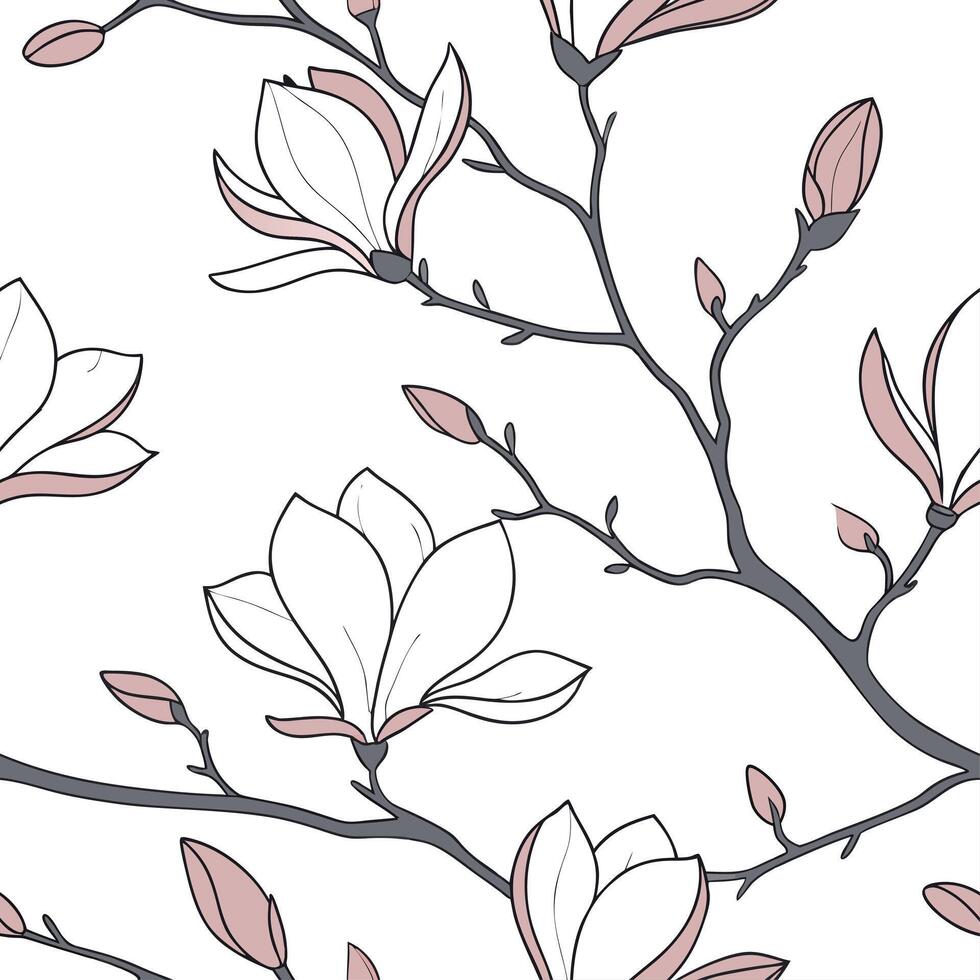 Botanical garden magnolia seamless tiles pattern with various magnolia species in natural pinks on white background perfect for serene spaces Set 3 vector