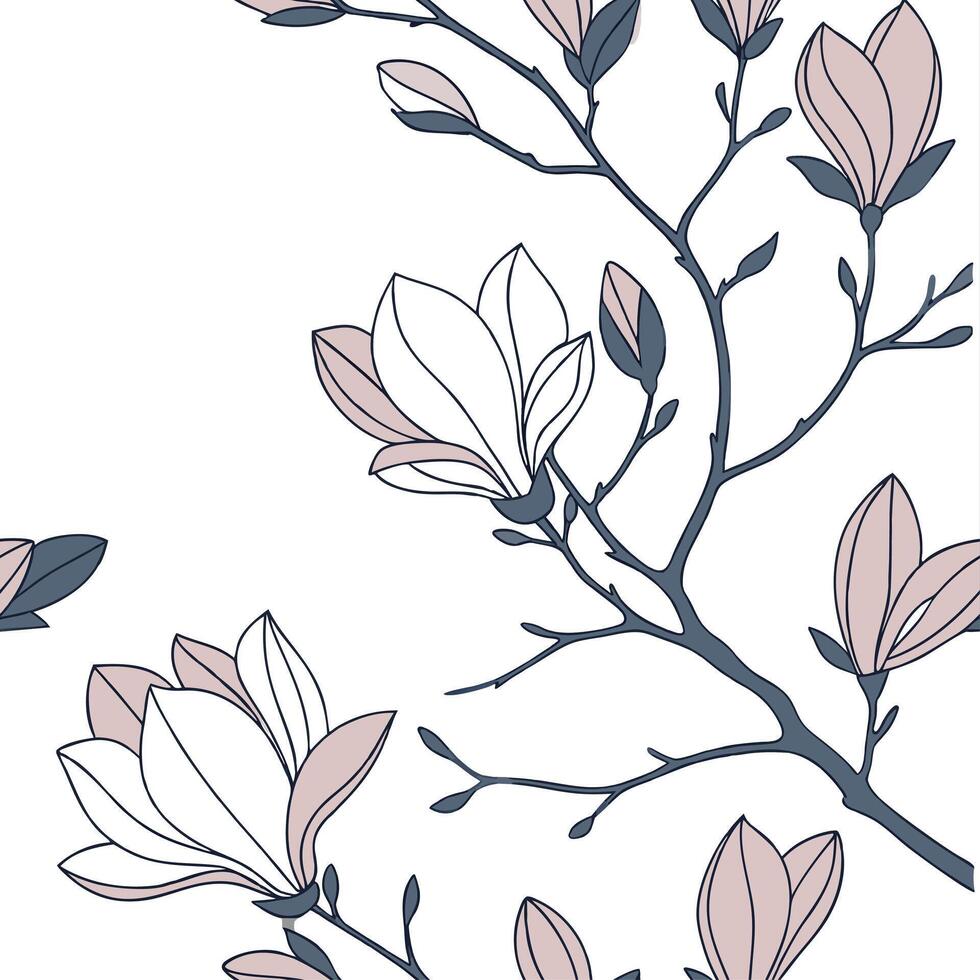 Botanical garden magnolia seamless tiles pattern with various magnolia species in natural pinks on white background perfect for serene spaces Set 5 vector