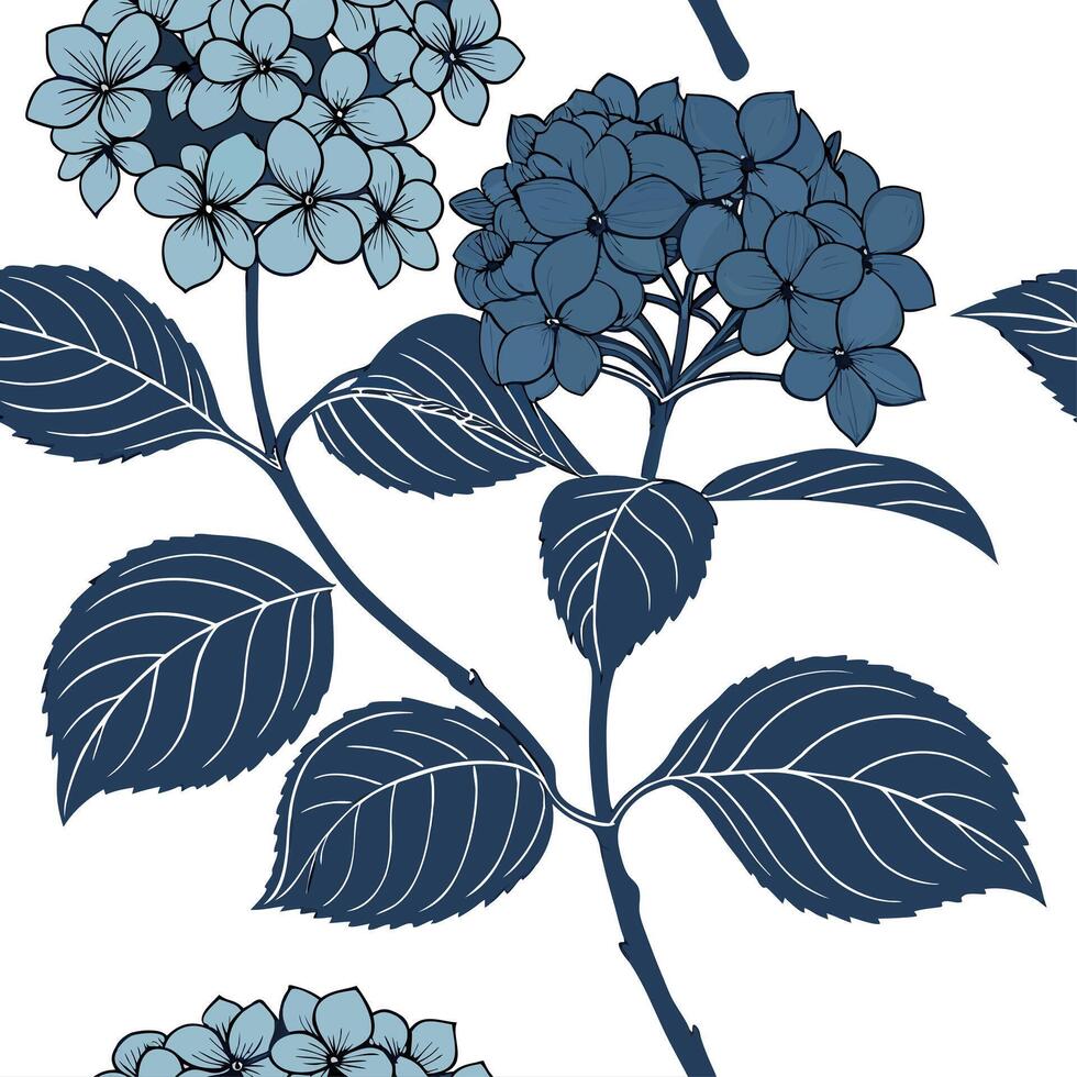 Botanical garden hydrangea seamless tiles pattern with various hydrangea species in natural blues on white background perfect for serene spaces Set 5 vector