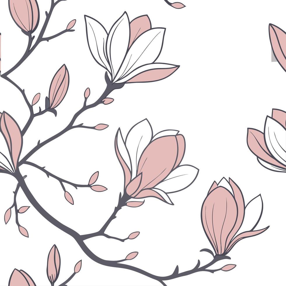 Botanical garden magnolia seamless tiles pattern with various magnolia species in natural pinks on white background perfect for serene spaces Set 6 vector