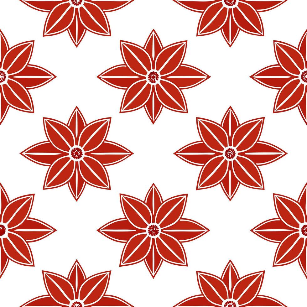 Bohemian poinsettia seamless tiles pattern with vibrant red blooms and intricate leaf details on white background ideal for eclectic spaces Set 3 vector