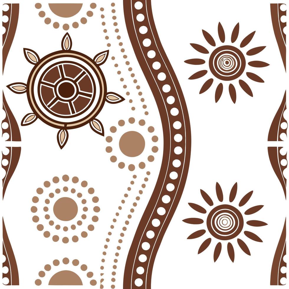 Design a seamlessestiles pattern using Aboriginal Australian symbols featuring earthy tones and intricate dot painting designs concept as Incorporate Aboriginal Australian symbols a Dynamic Square vector