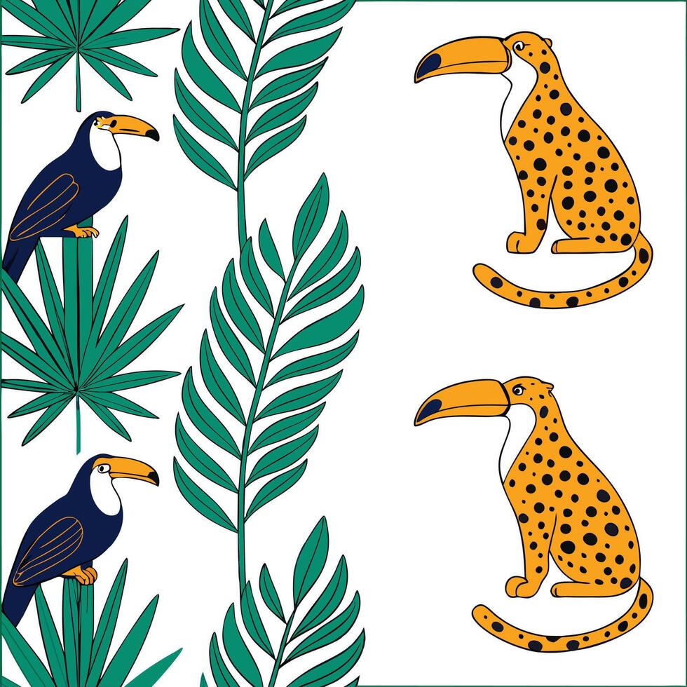 Design seamlessestiles pattern using tropical fauna from Central America such as toucans jaguars and monkeys with bold colors and intricate details concept as Create a bold and intr Dynamic Square vector