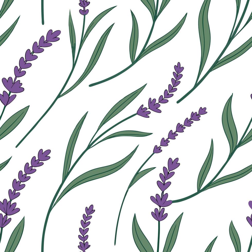 Elegant lavender seamless tiles pattern with delicate blooms and green stems on white background ideal for luxurious bathrooms concept as Delicate lavender blooms and green stems on vector
