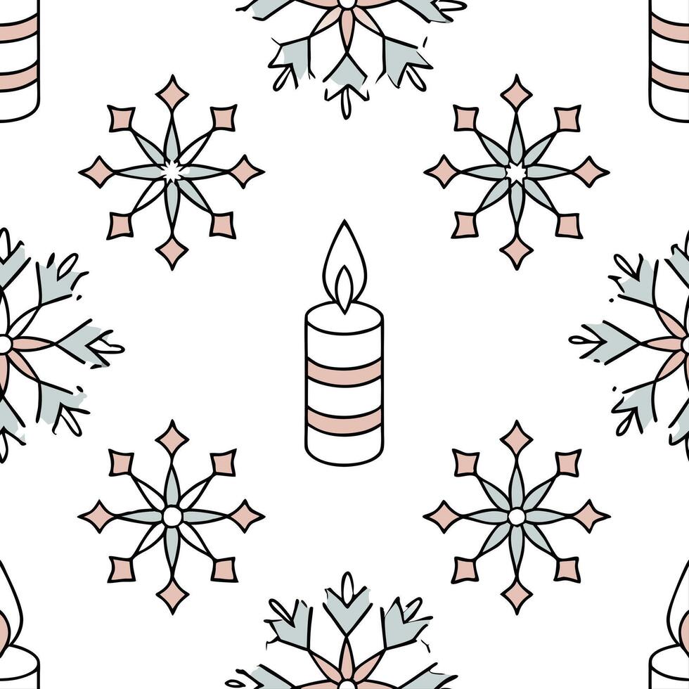 Elegant snowflake and candle seamless tiles pattern with warm winter glow and frosty accents concept as Elegant snowflakes paired with warm candles create a seamless tiles pattern wi flat vector